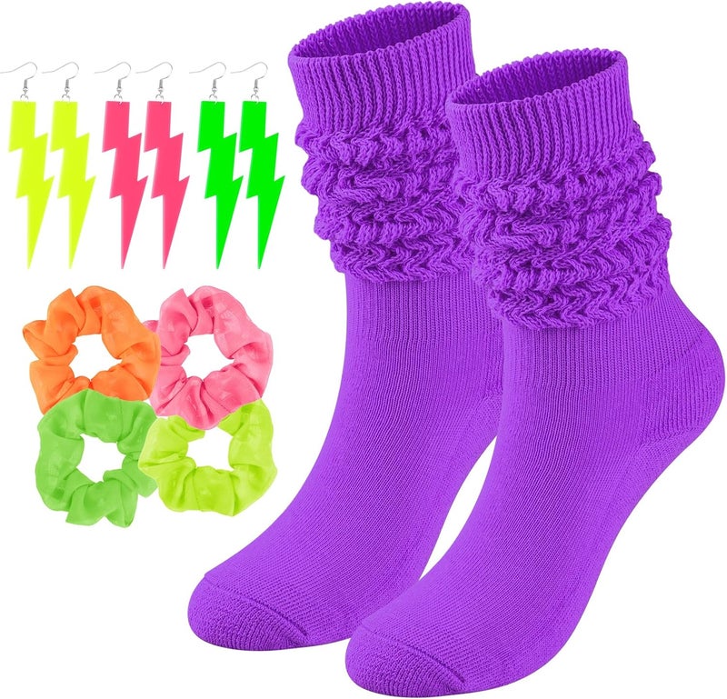 TRIITECH Store Neon Slouch Socks for Women, 80s 90s Scrunch Knee High Socks with Neon Earrings and Scrunchies for 80s 90s Party - Image 1